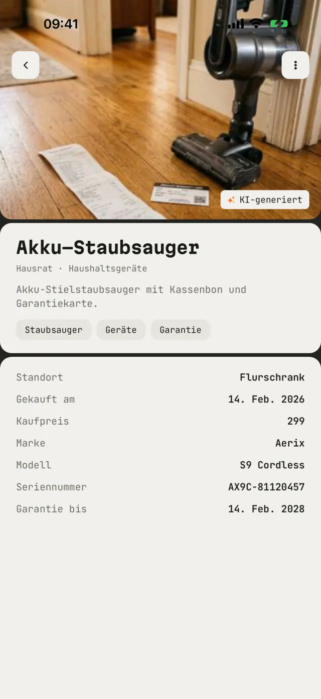 Eine Karte mit Preis, Seriennummer und Garantie