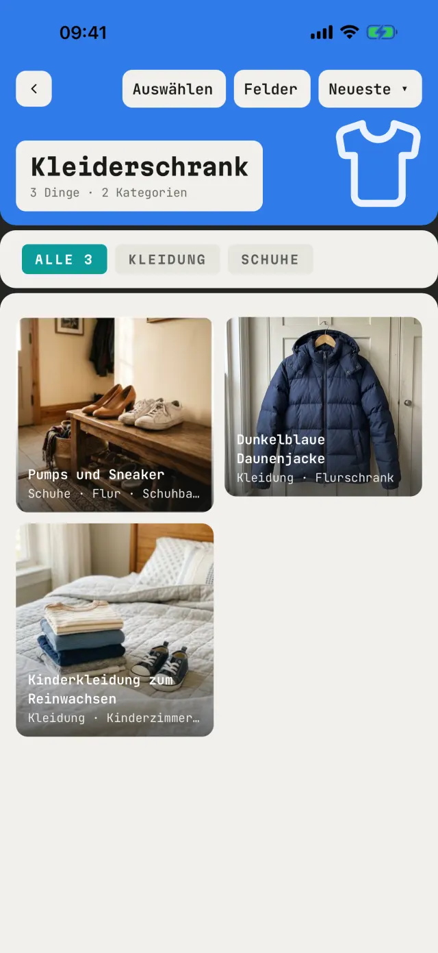 Der Katalog „Kleiderschrank“ mit Kleidung und Schuhen