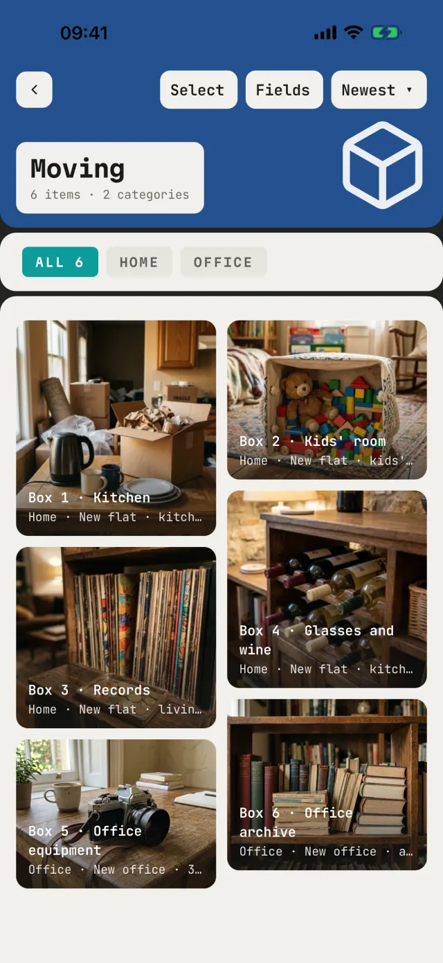 The Moving catalog: numbered boxes with photos, each tagged with its room