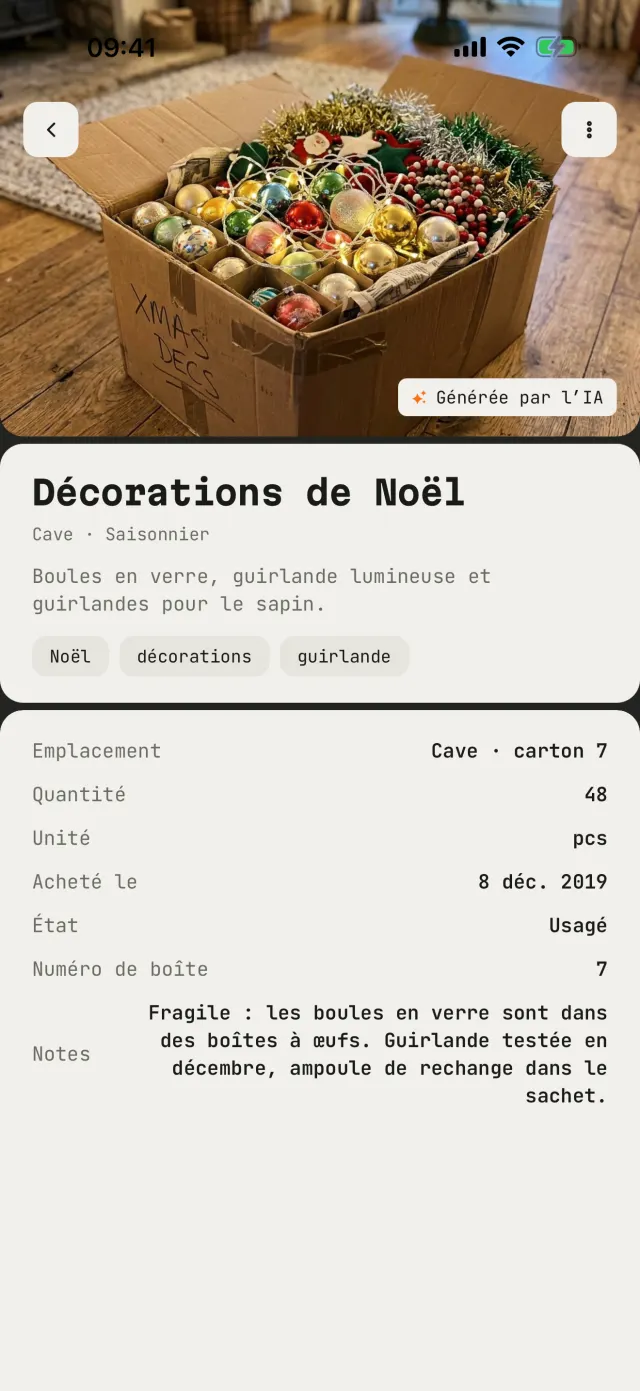 La fiche d'un carton de décorations de Noël : cave, carton 7