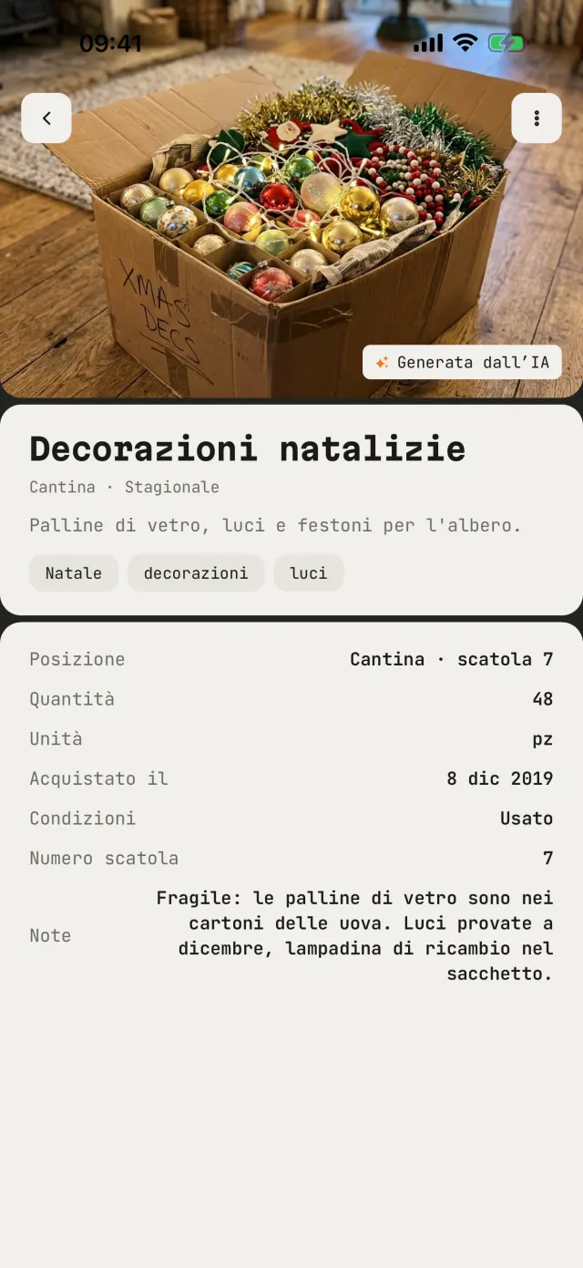 La scheda di una scatola di decorazioni natalizie: cantina, scatola 7