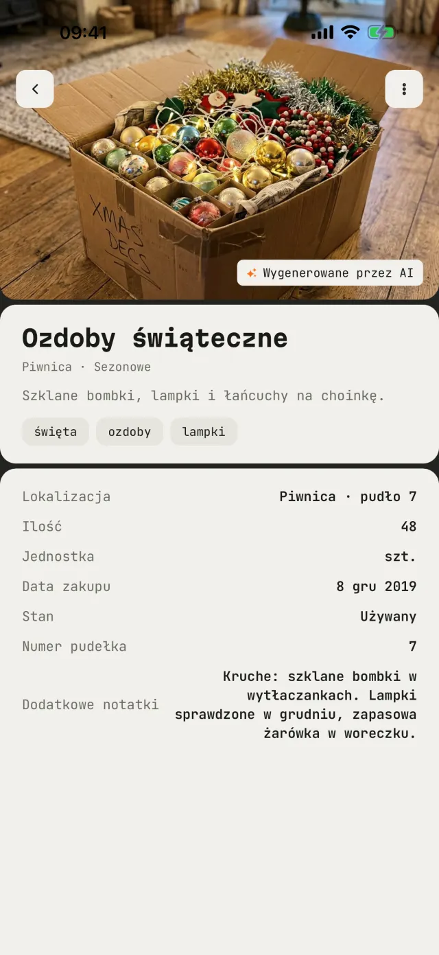 Karta pudła z ozdobami świątecznymi: piwnica, pudło 7