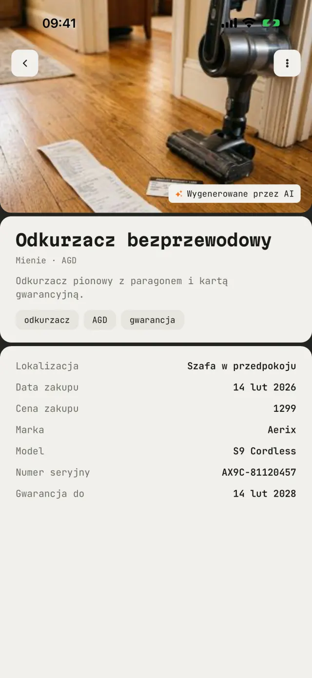 Karta z ceną, numerem seryjnym i gwarancją